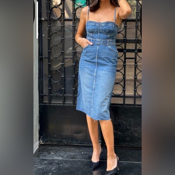 ZARA Dresses & Skirts - NEW ZARA Denim Dress Bustier Studded Midi Jeans Medium Blue Wash Size XS